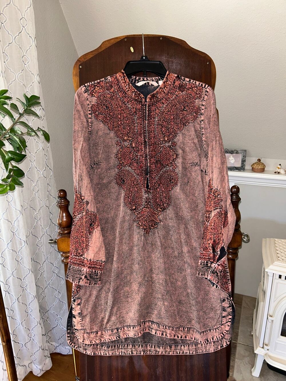 Soft Surroundings Spice Market Womens M Burnt Orange Acid Wash Embroidered Tunic
